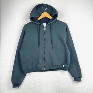 Vintage 90s Russell Athletic Medium Black Faded Full Zip Cropped Hoodie USA